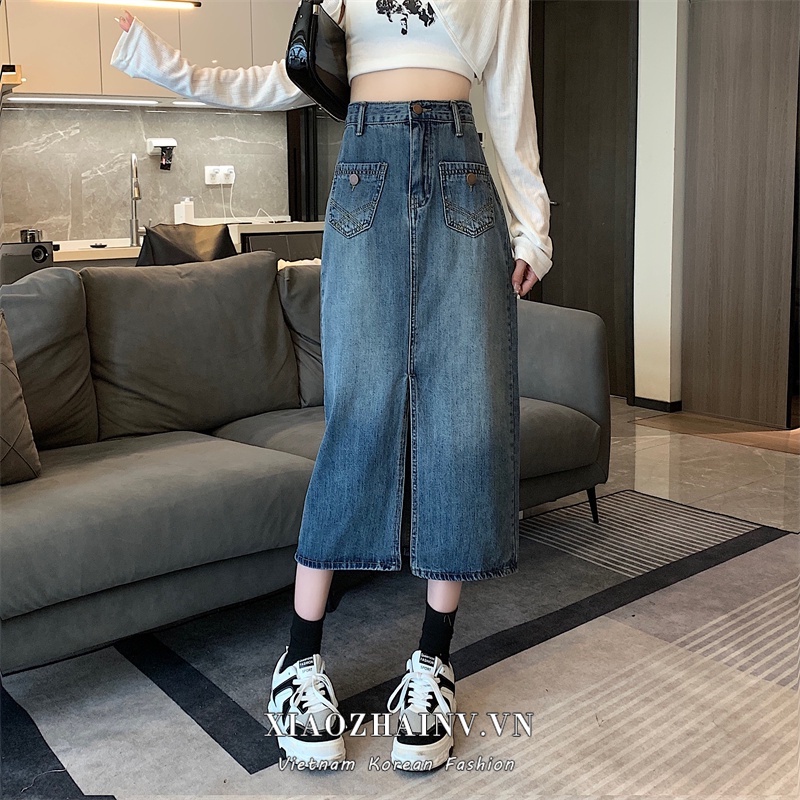 Chân váy jean Xẻ Tà Dáng Chữ A Thời Trang retro Cho Nữ