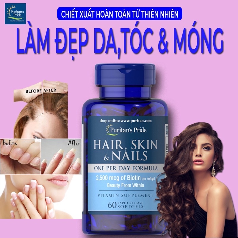 Viên uống đẹp da làm sạch mụn, giảm rụng tóc - giúp móng tay chắc khỏe Puritan's Pride Hair skin nails 60Viên