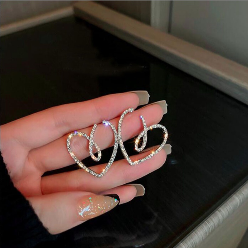 Bông tai nữ hoa tai kim bạc trái tim đính đá lấp lánh phong cách cá tính