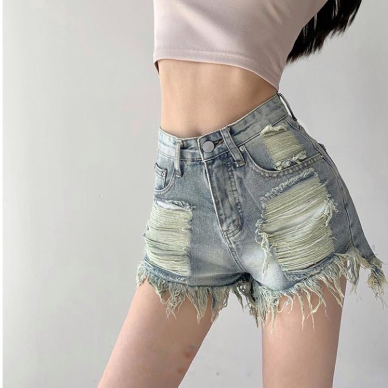 Quần short nữ Denim lưng cao ống rộng rách ít, quần sooc bò phong cách đường phố gợi cảm cho nữ Mophus MQ020