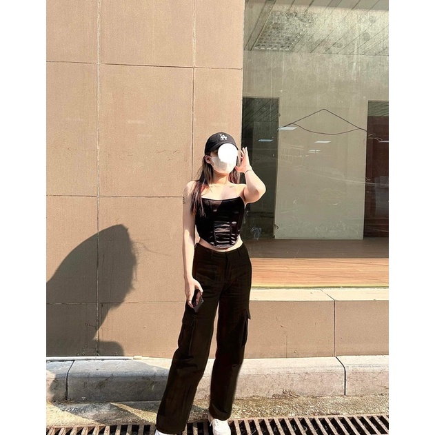 Quần Kaki Cargo Denim ống xuông túi hộp có khóa vải kaki dày dặn phong cách unisex nam nữ