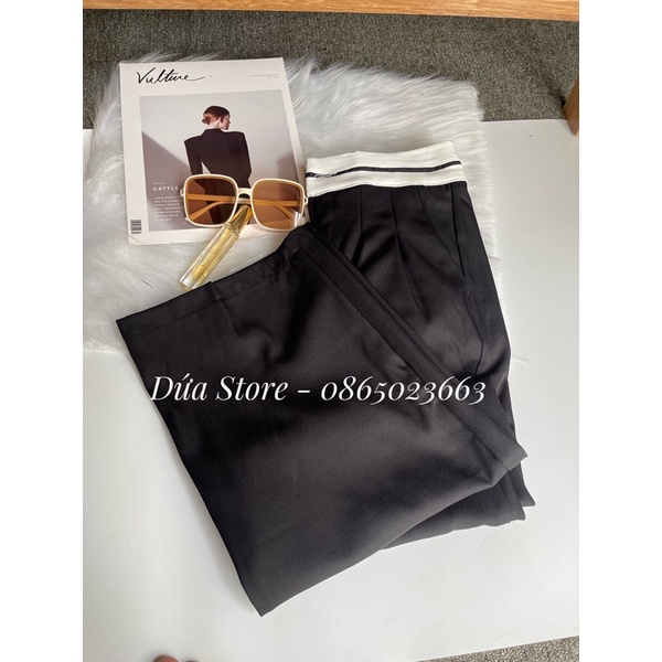 Quần Ống Rộng Phối Cạp Đen Trắng Lưng Cao, Quần Nữ Cạp Cao Tôn Dáng