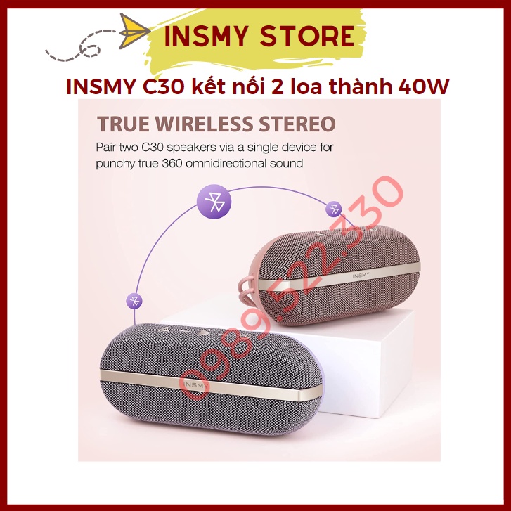 Loa Bluetooth Mini, Loa Bluetooth Bass Mạnh INSMY C30 - Pin 4400mAh - Chống Nước IPX7 - Nghe nhạc liên tục 24h