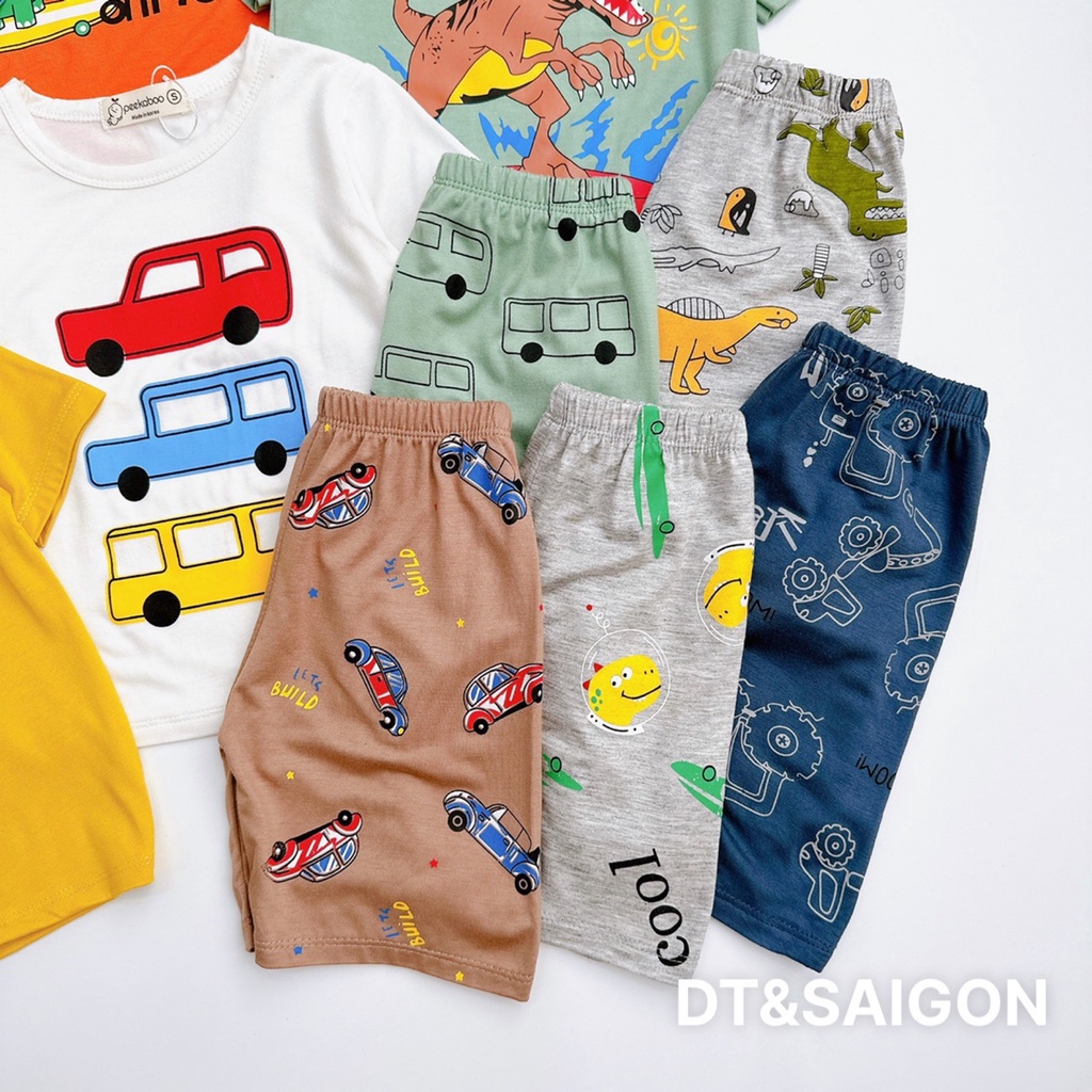 Bộ thun lạnh cộc tay cho bé trai, bé gái Pekaboo hình ô tô khủng long mới nhất