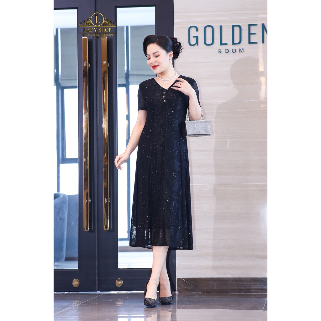 Đầm ren hoa ly cổ uốn rắc nhũ Ladyshop thời trang trung niên cao cấp T119