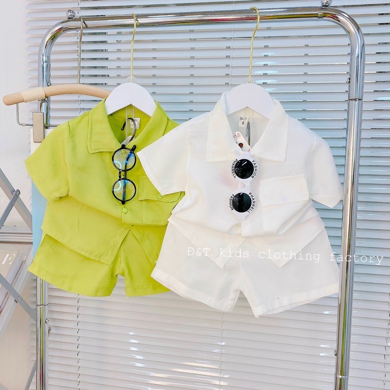 Bộ Cộc Tay Bé Trai, Bộ Sơ Mi Đũi Màu Trơn Form Đẹp Cho Bé Trai Từ 8 - 18kg