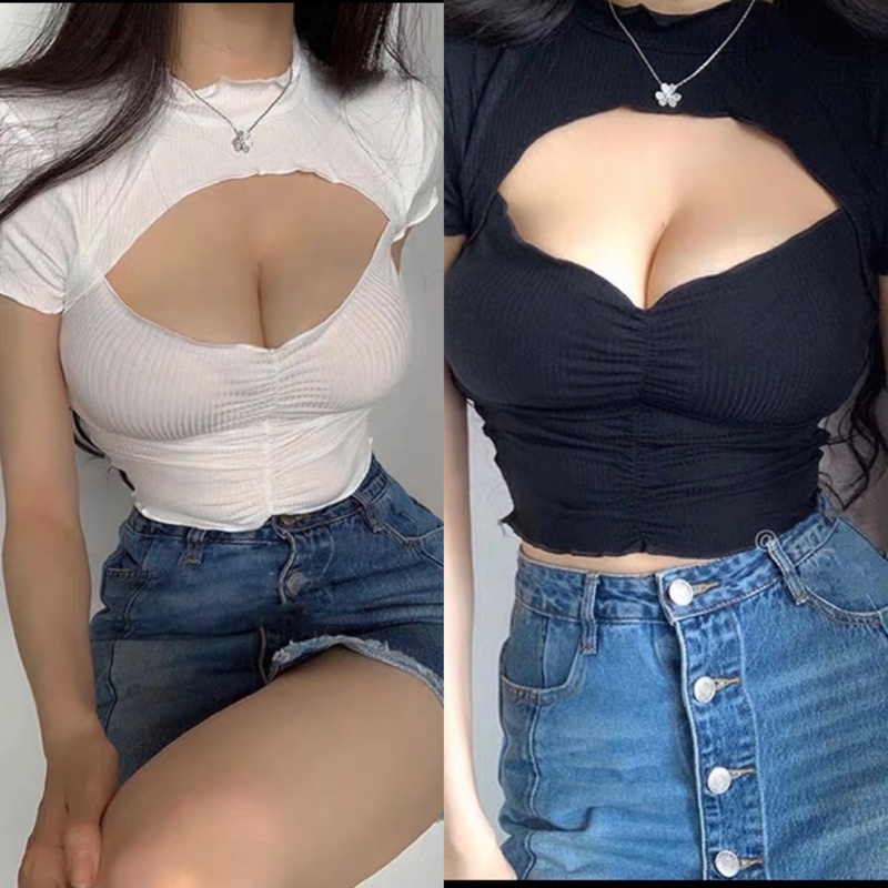 Áo Thun Croptop Nhún Khoét Ngực Cúp Mút Tay Ngắn