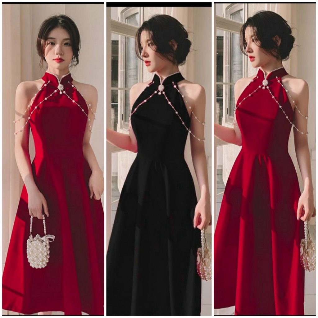Đầm váy nữ cổ tàu dáng xòe đính ngọc siêu dễ thương ( kèm phụ kiện )