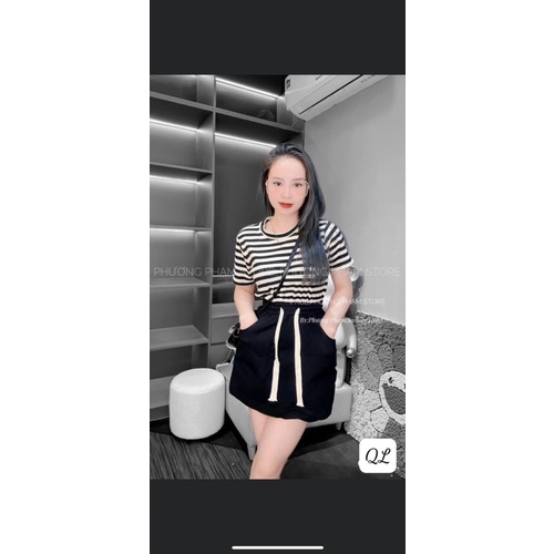 Set Bộ Áo Thun Mix Chân Váy Ôm Pha Viền , Set Áo Cổ Tròn Pha Viền Mix Quần Giả Váy Dây Rút Siêu Hot
