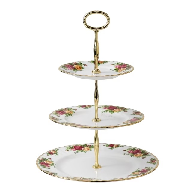 Khay đĩa bánh 3 tầng họa tiết Old Country Roses cao cấp, chất liệu sứ xương | Sa Maison x Royal Albert