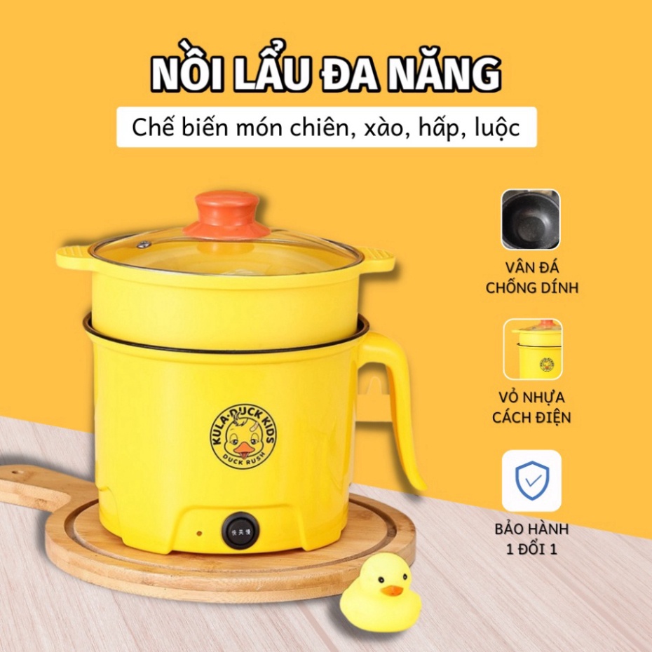 Nồi điện mini VỊT VÀNG 2 tầng đa năng nấu cơm lẩu cháo chiên xào dung tích 1,5L- Nồi lẩu mini, Ca nấu mì BẢO HÀNH 12T h