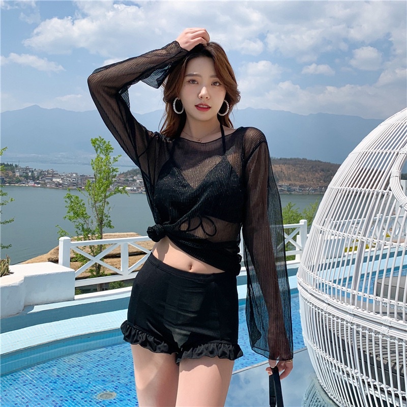 Bikini đồ bơi 3 mảnh gồm áo yếm buộc dây+quần cạp cao kín đáo + áo khoát lưới cao cấp hàng quảng châu có sẵn