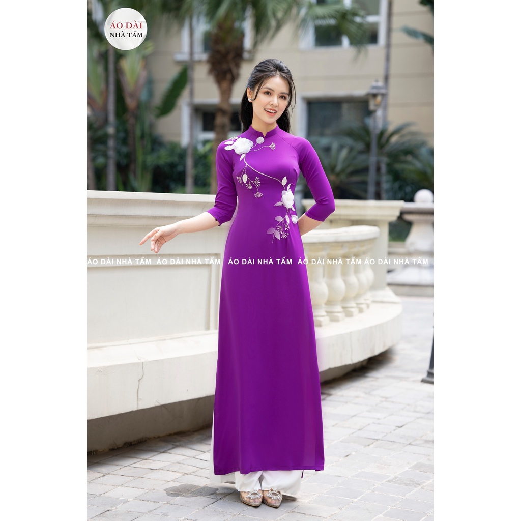 C27- ÁO DÀI TRUYỀN THỐNG MÀU TÍM ĐÍNH HOA TRẮNG, ÁO DÀI NHÀ TẤM