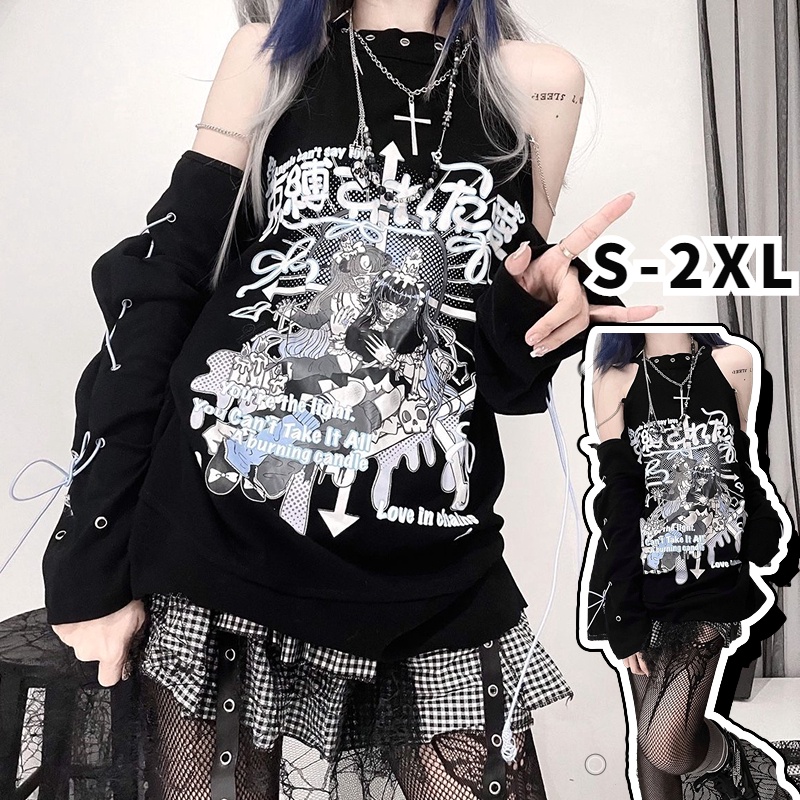 Đầm Tay Dài Hở Vai y2k Dây Chéo Phong Cách Punk Châu Á Cho Nữ