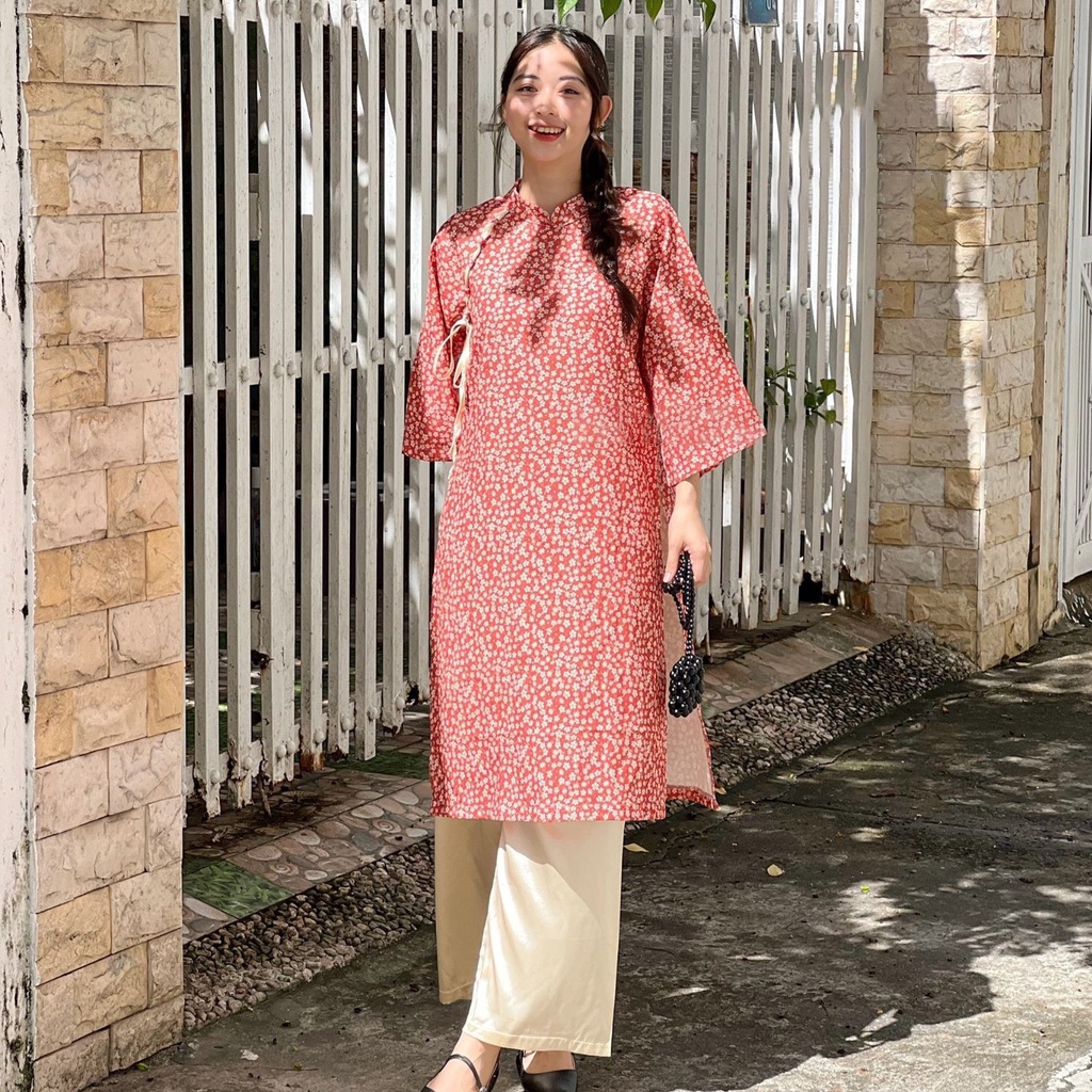 Áo dài cách tân dáng suông tay lỡ họa tiết hoa nhí lụa Hàng Châu cao cấp mềm mát, áo dài thắt nơ vai trẻ trung rất đẹp