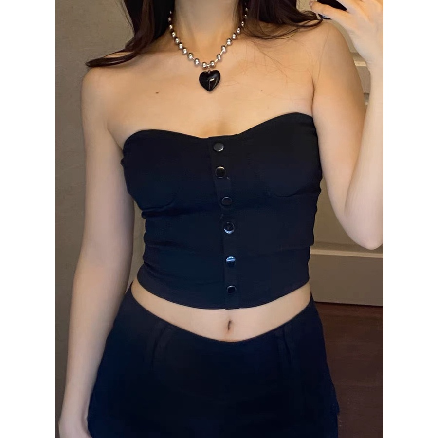 Áo Ống Đen Trơn Nút  Ôm Body, Áo Quây Co Giãn Đơn Giản Ulzzang Hot Trend Y2k