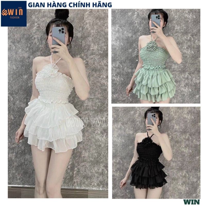 Set váy voan tơ xòe tầng kèm áo ống cổ yếm đính hoa cực sexy, Bộ 2 món áo quây kèm chân váy điệu đà thời trang - WIN