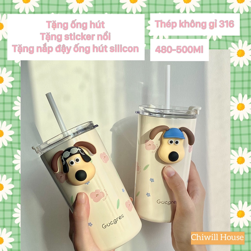 Ly cốc giữ nhiệt cute 500ML để bàn, bộ bình giữ nhiệt phong cách Hàn Quốc, màu sắc trẻ trung