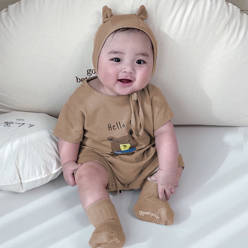 Bộ body gấu Hello kèm mũ tai gấu  siêu dễ thương cho bé trai bé gái Hokiha Kid chất cotton mềm mại size 3-10kg TE301