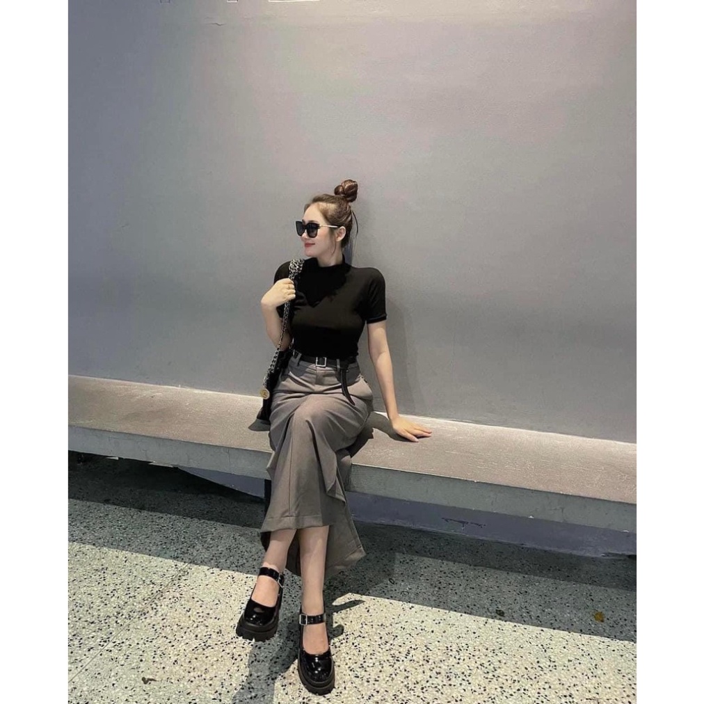 Set Áo Đen Mix Chân Váy Xám Dáng Dài, Xẻ 1 Bên Siêu Hót