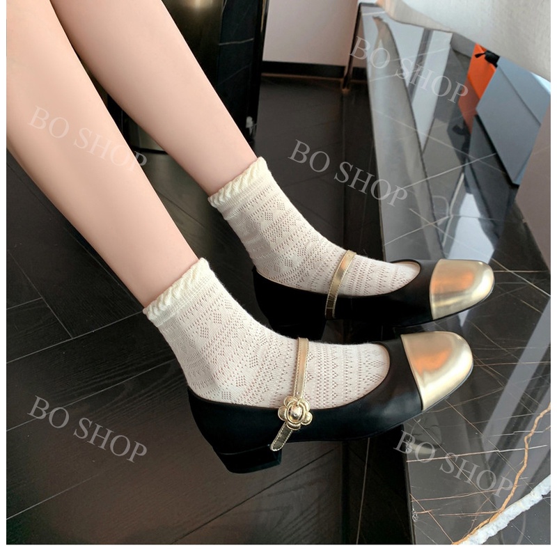 Giày búp bê nữ 3 cm mũi tròn mạ vàng kim gót vuông dây quai cài mạ mix hai màu sang trọng cá tính BO SHOP