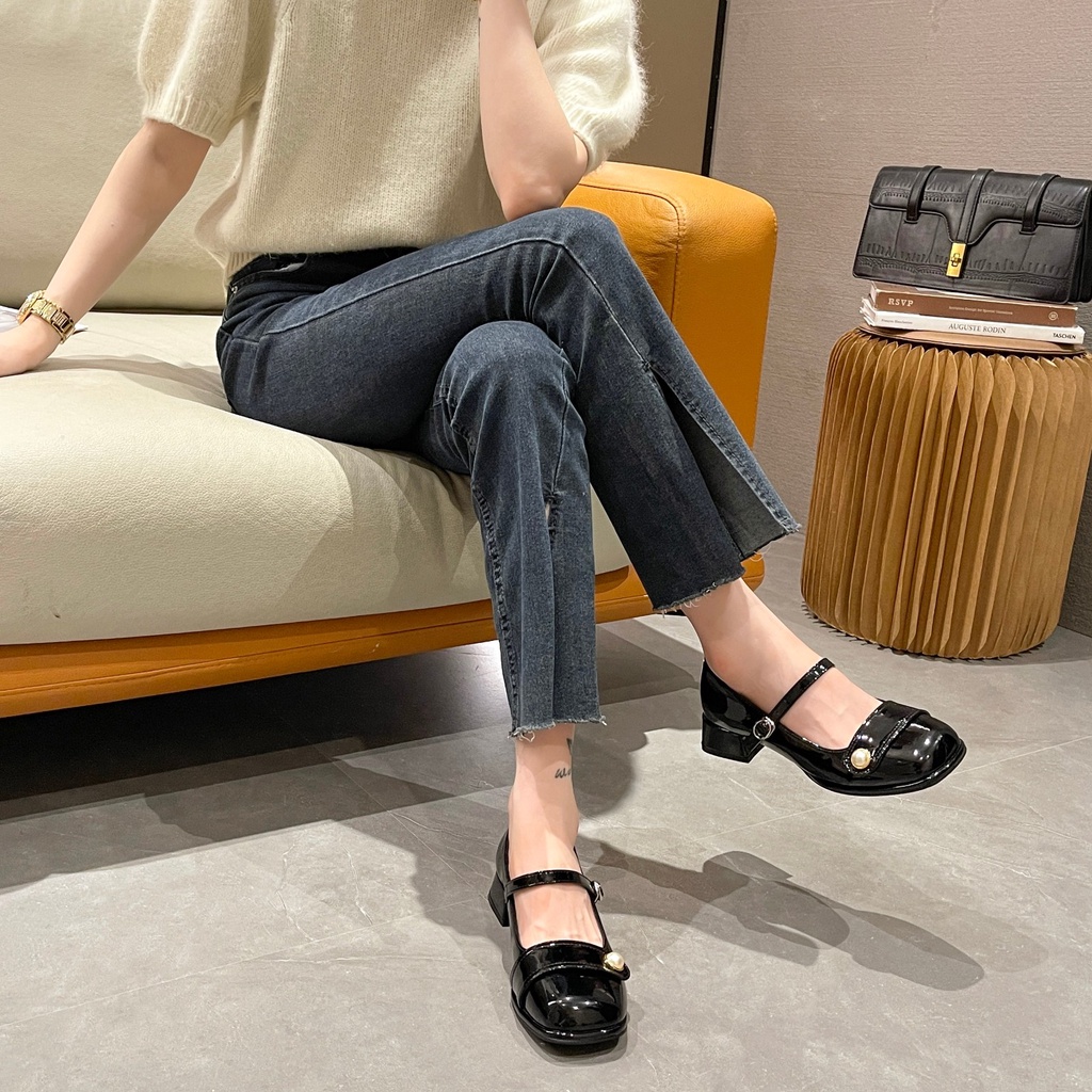 Retro đầu vuông thời trang giày đơn một khóa gót dày Mary Jane giày búp bê nữ