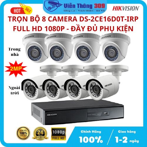 Trọn bộ 8 camera giám sát Hikvision trong nhà, ngoài trời Full HD, bộ camera hồng ngoại 20m - Hàng chính hãng-309cctv