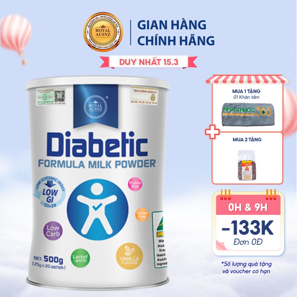 Sữa Dành Cho Người Tiểu Đường Hoàng Gia Úc ROYAL AUSNZ Diabetic Formula Hỗ Trợ Hạ Đường Máu Hộp 500gr