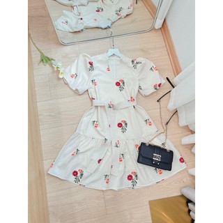 Đầm xòe be cổ V dây đai 2 lớp LS_DN687