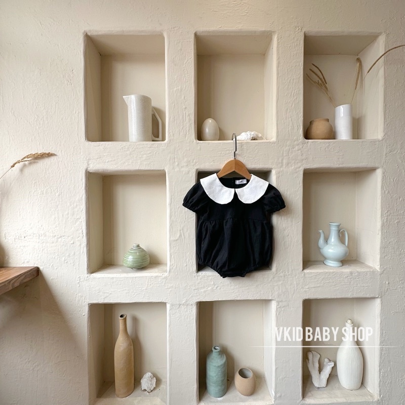 V9 Bộ liền thân bodysuit đen cổ trắng Vkid phong cách tiểu thư cho bé gái size 5-13kg