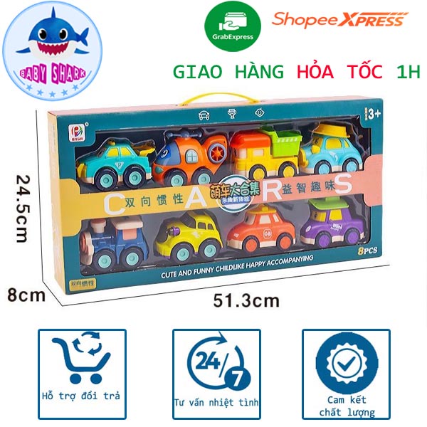 Hộp 8 xe POLI đồ chơi, POLI cảnh sát, POLI tàu hỏa, POLI máy bay chạy đà nhiều màu sắc