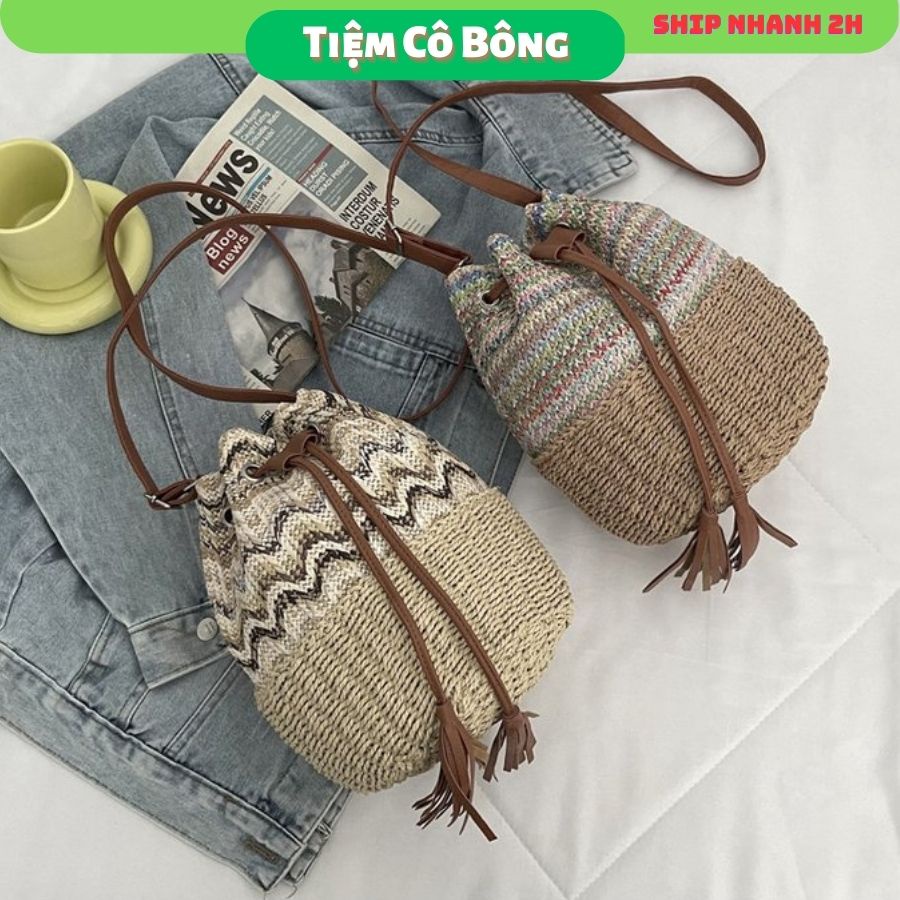 Túi Bucket cói phối da đeo vai đeo chéo dây rút họa tiết thổ cẩm