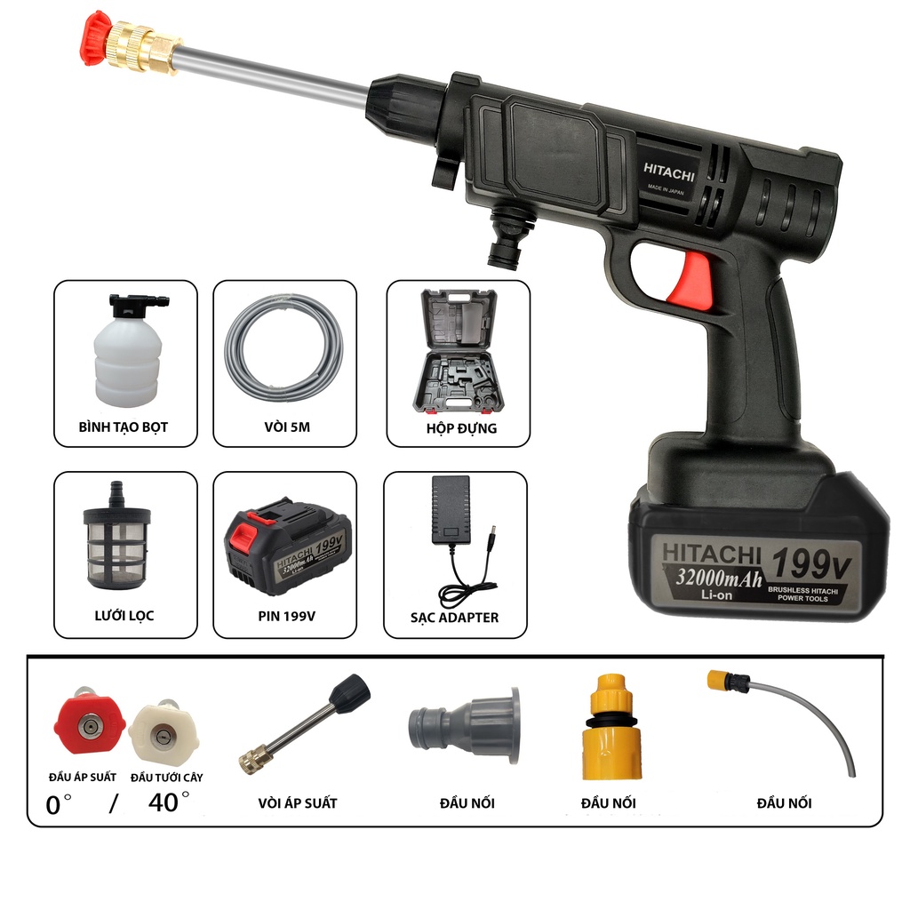 Máy Rửa Xe Hitachi 199V 2pin – Áp lực cao - Công suất 1400W – Máy Bơm Nước Đa Năng – Rửa Xe, Tưới Cây