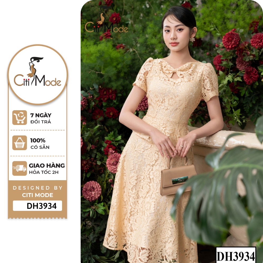 Đầm công sở CITI MODE FASHION thiết kế dáng xoè ren nude phối cổ cách điệu DH3934