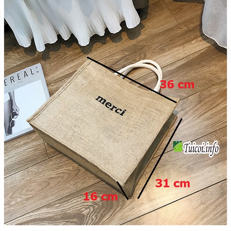 Túi cói merci loại 1 màu sáng, có đệm đáy giữ form túi, có lót