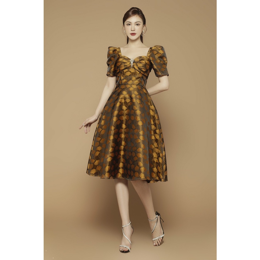 Đầm xòe tùng gấm dự tiệc cao cấp - Mua váy xòe gấm sang chảnh