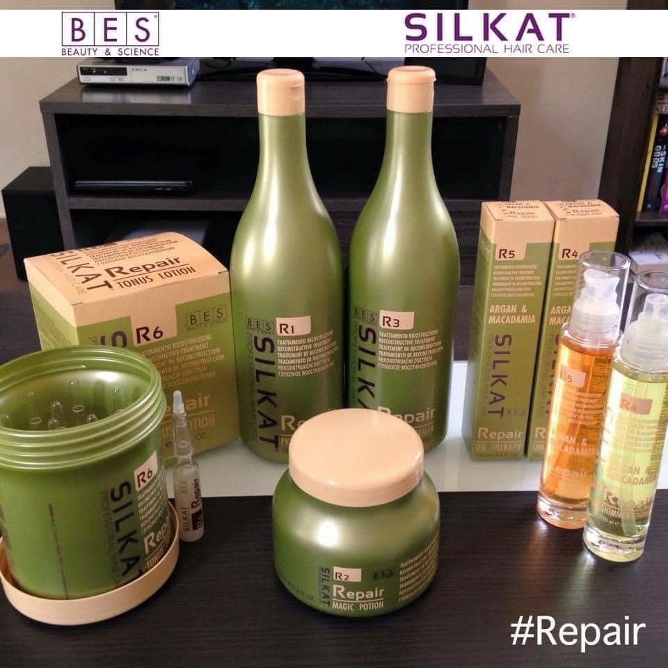 Dầu gội phục hồi tóc Silkat Repair R1 1000ML + Kem dưỡng chăm sóc tóc Silkat Repair R2 500ML
