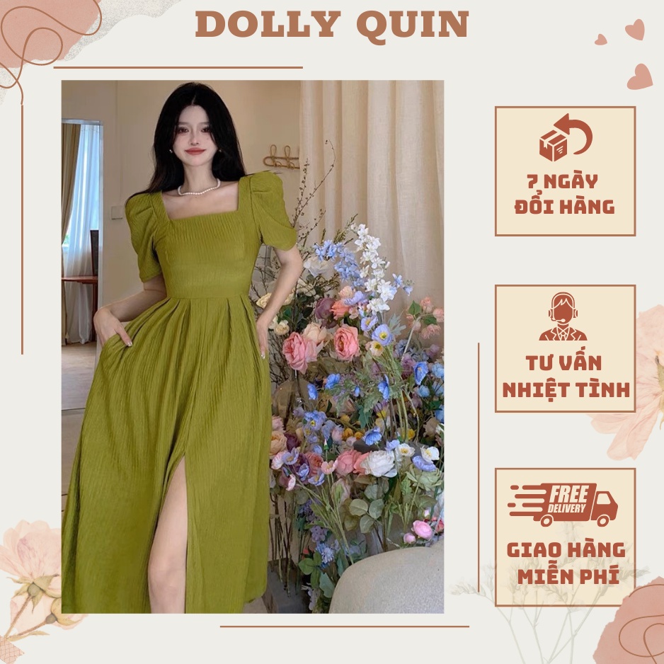 Đầm Dáng Dài Váy Liền Thân Cổ Vuông Có Túi Màu Xanh Trẻ Trung Sáng Da Chất Đũi Xốp