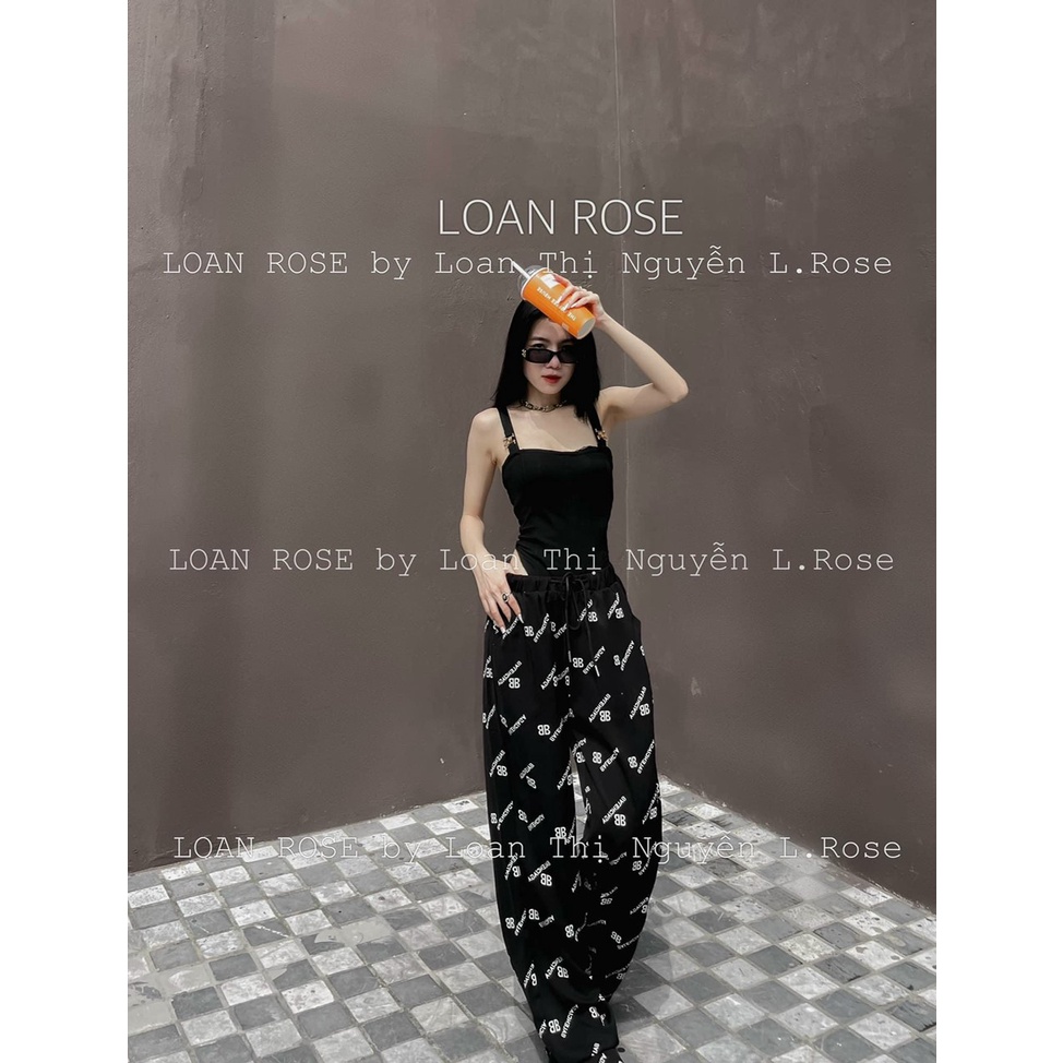 [4.4 Sales Freeship] Set bộ áo đen 2 dây cổ vuông phối quần dài ống rộng in chữ hoạ tiết đi chơi, dạo phố siêu chất mtb