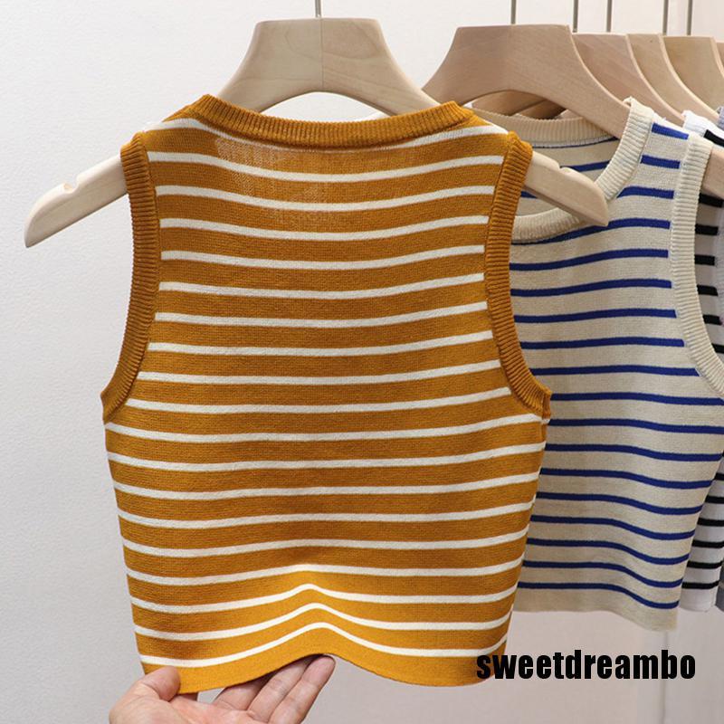 Áo Dệt Kim Sát Nách Cổ Tròn Kẻ Sọc Thời Trang Mùa Hè Cho Nữ