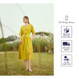 Đầm nữ OZ Design House DA17234AUT23 linen lụa cổ tầu tròn chiết eo màu vàng mù tạt