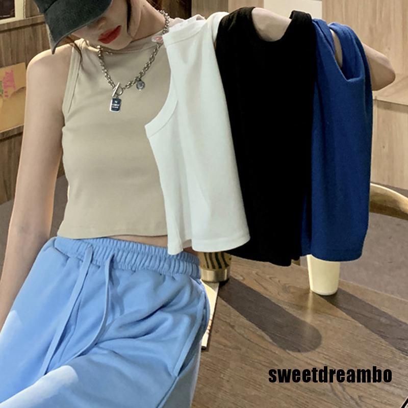 Áo Croptop Sát Nách Cổ Tròn Màu Sắc Đơn Giản Cho Nữ