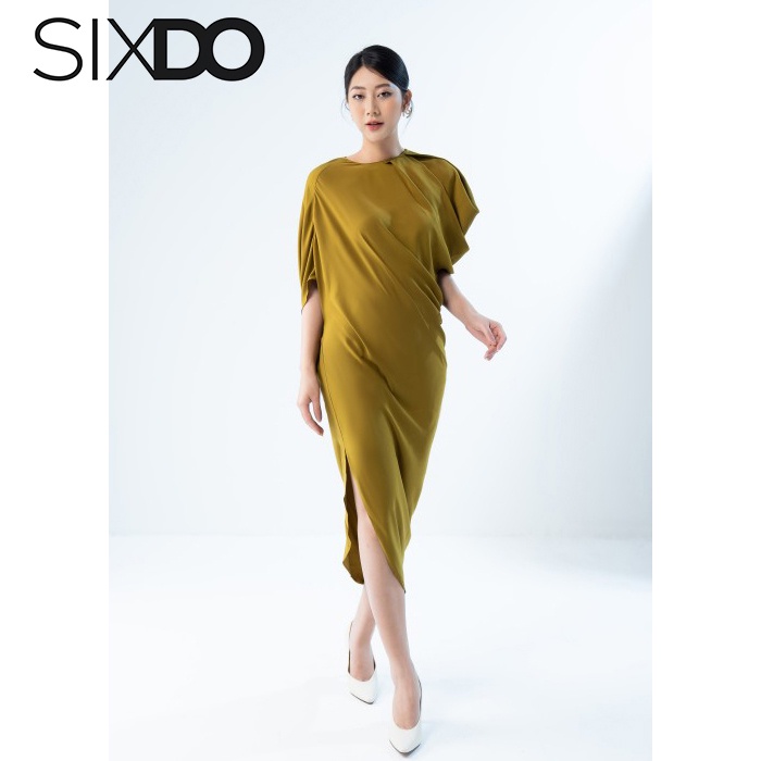 Đầm lụa midi xẻ tà sườn thời trang SIXDO (Yellow Split-side Midi Silk Dress)