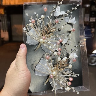 Đôi cài tóc cô dâu nơ voan đính hạt hồng