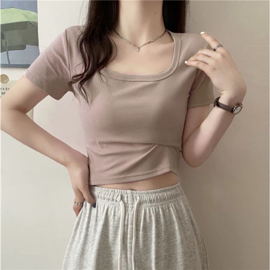 Áo thun croptop nữ cổ vuông ngắn tay MADELA chất thun co giãn cao cấp, Croptop nữ tay ngắn cổ vuông dáng ôm