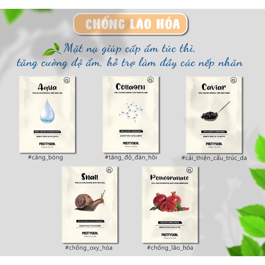 Combo5 Mặt Nạ Trứng Cá Tầm Chống Lão Hóa Prettyskin Total Solution Essential Sheet Mask 23ml x5 - CAVIAR