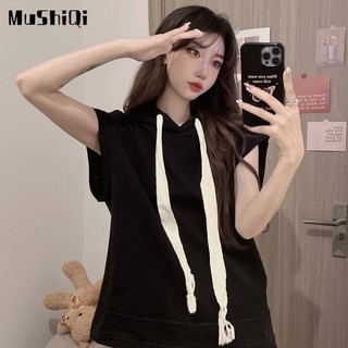 Áo Thun Nữ Cộc Tay Có Nón In Chữ Mushiqi