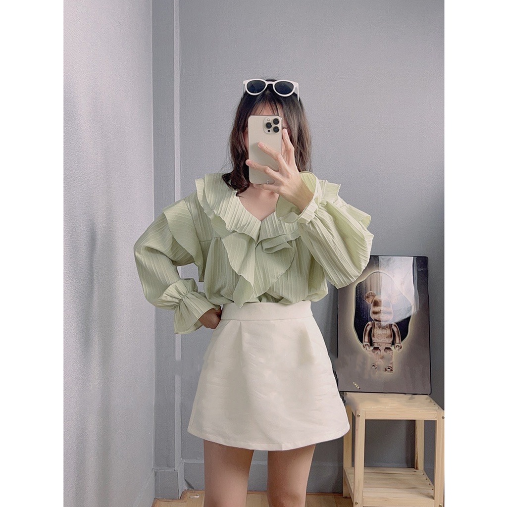 Áo sơ mi kiểu nữ, Áo sơ mi tơ đũi viền bèo tay bo tiểu thư xinh xắn