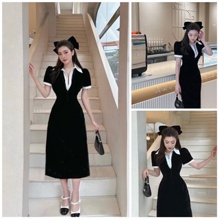 Đầm midi đen phối cổ sơ mi trắng bẻ tay phồng viền