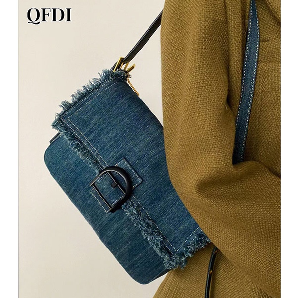 QFDI Túi Đeo Vai denim Màu Trơn Đính Tua Rua Thời Trang Cho Nữ